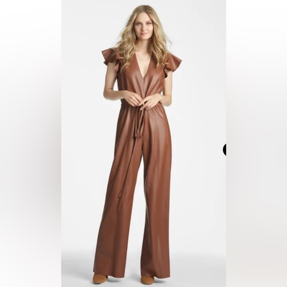 Sachin + Babi Brown Faux-Leather Jumpsuit with Tie Waist